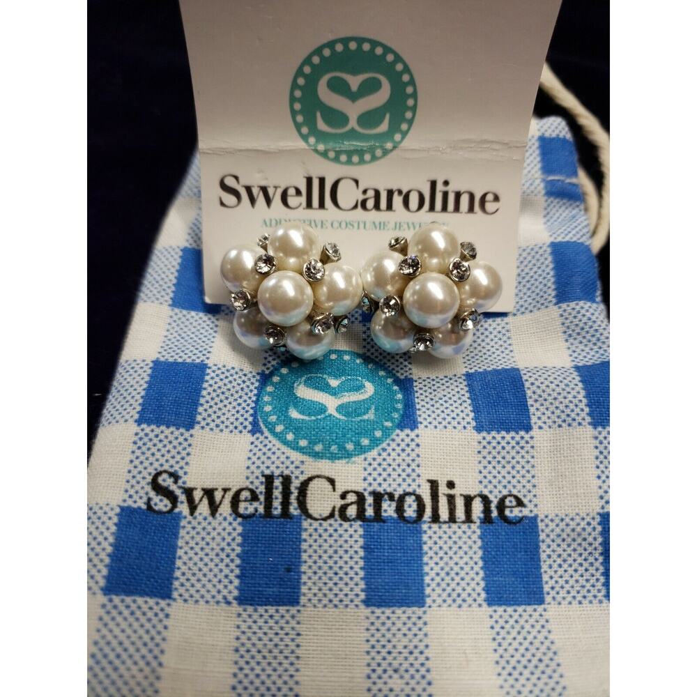 Swell Caroline Faux Pearl and Crystal Clear Rhinestone Cluster Earrings